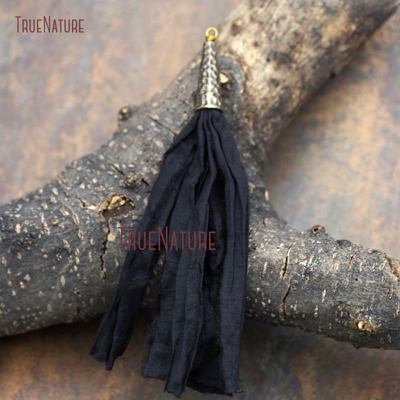 Large Sari Silk Tassel For Necklace Bracelet Making Bohemian Handmade Colorful Tassel Charm Bronze Cap In 5.4 inch PM7903: black