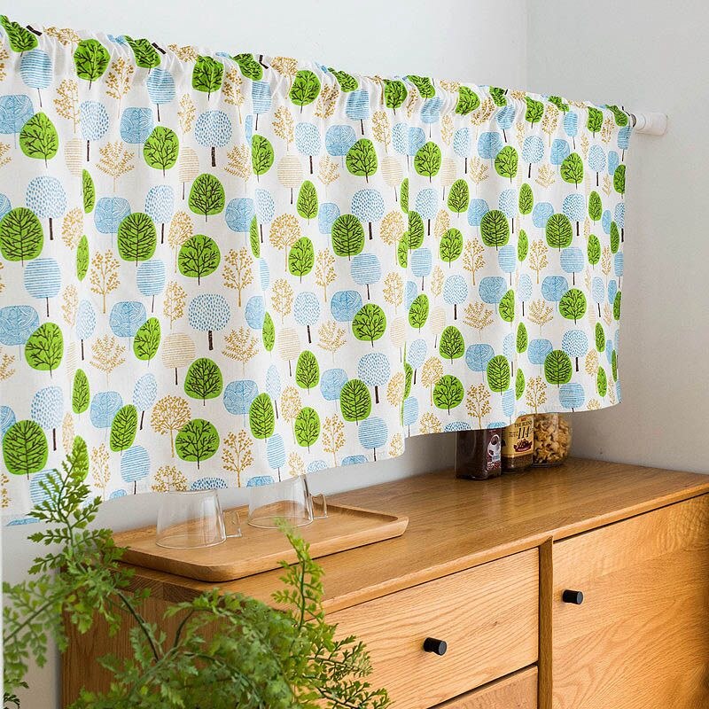 Hanging Short Curtain Floral Half-Curtain Plaid Window Drapes Polyester Half-Curtains for Kitchen Cafe Living Room Decoration