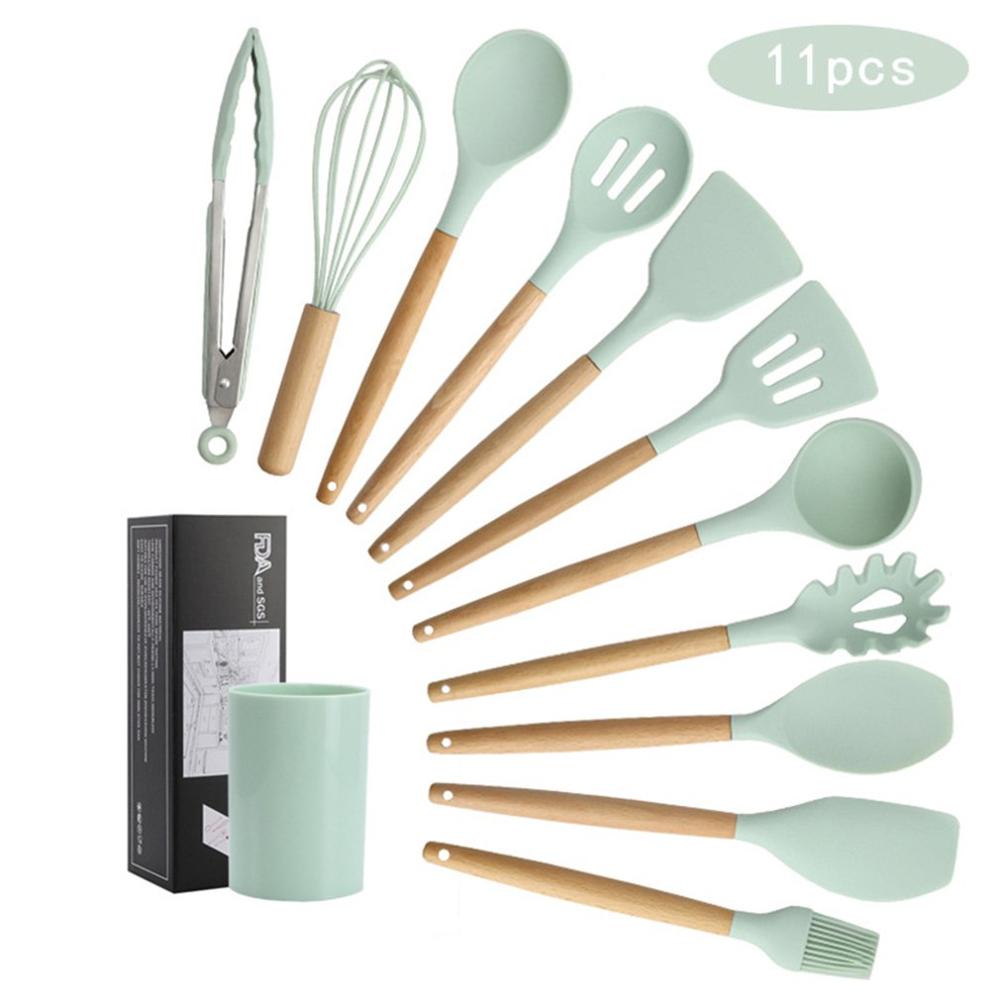 11Pcs Silicone Cookware Set Heat Resistant Non-stick Safe Cooking Baking Tool Kit Utensils Kitchen Accessories With Storage Box: 11pcs green