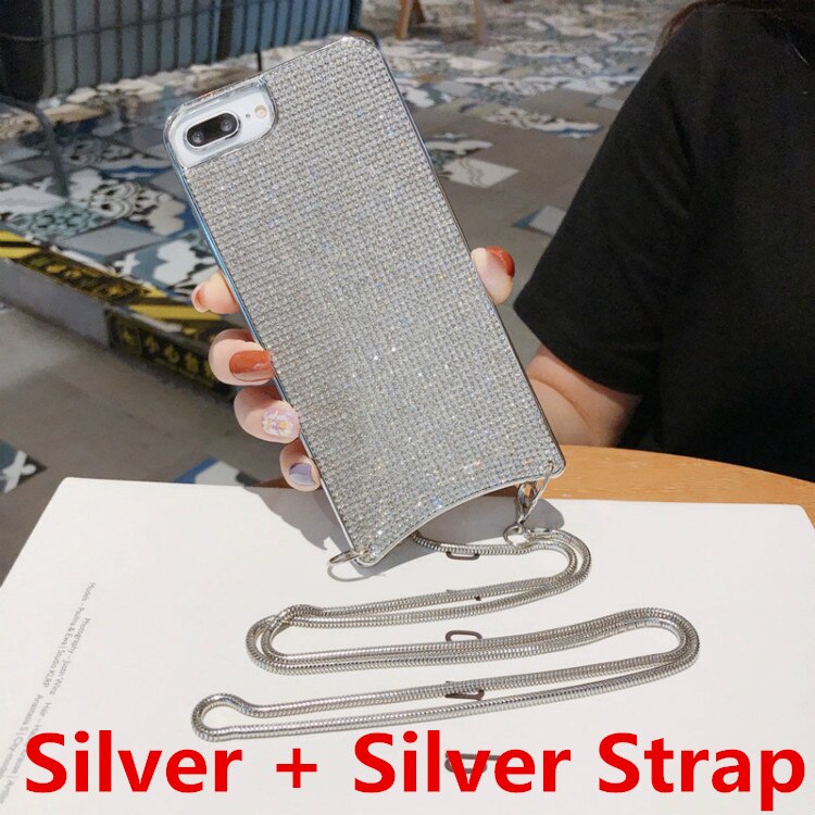 Bling Glitter Strass Diamant Crossbody Fall Für iPhone XS MAX XR 8 7 Plus 11 12 Pro Abdeckung Frauen Mit lange Strap Metall Kette: For iPhone XS Max