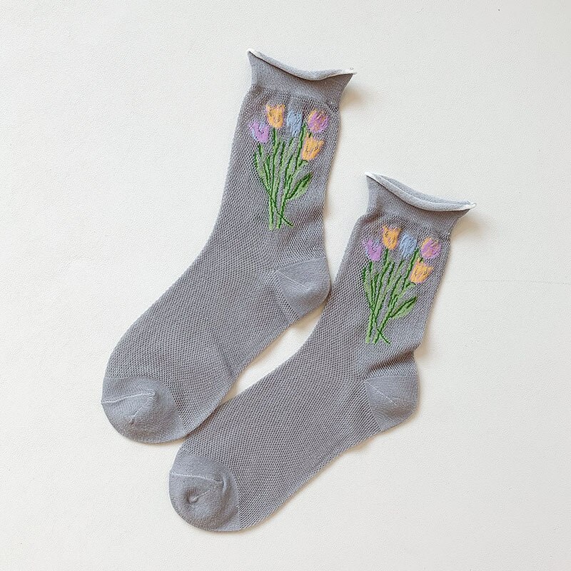 Produkt sommer gennemsigtige ultratynde korte sokker behagelige åndbare absorbere sved slik farve slik farve blomster kvinder: Grå