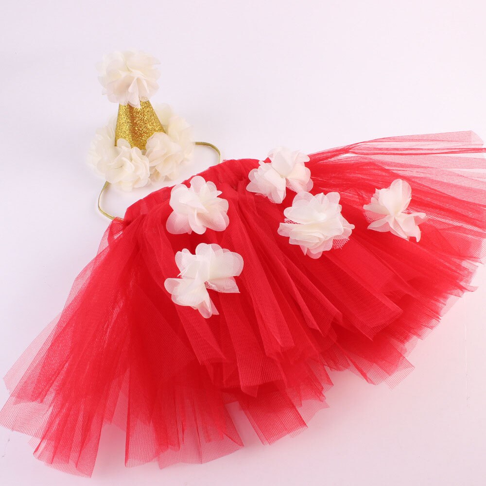 Newborn Baby Girl Tulle Skirt Mesh Fluffy Tutu Skirt With Flowers Decoration+ Princess Crown Headband 2pcs Outfit Photo Costumes: Red