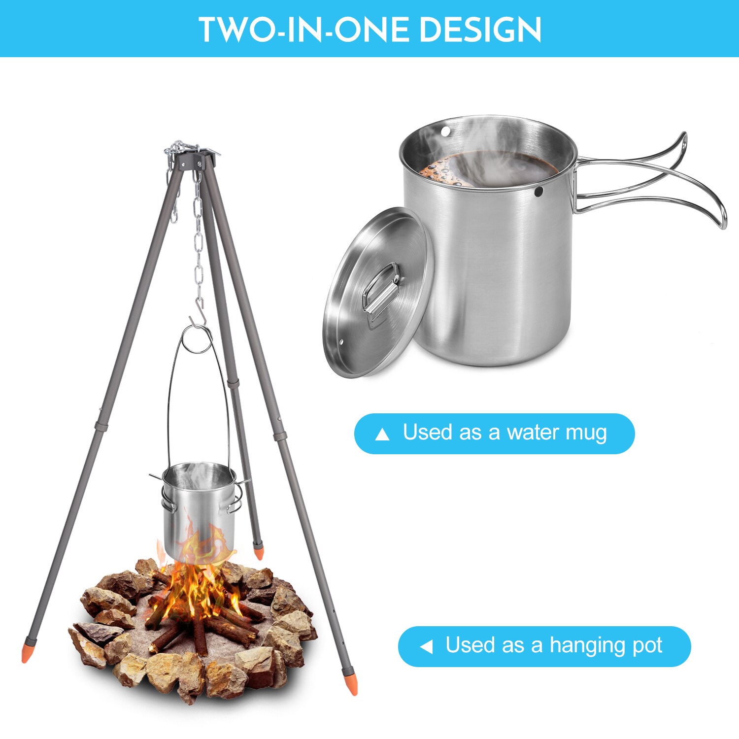 Conjuntos de garrafa acampamento ao ar livre portátil 1000ml de aço inoxidável vácuo isolado garrafa água 700ml copo água pendurado pote para caminhadas