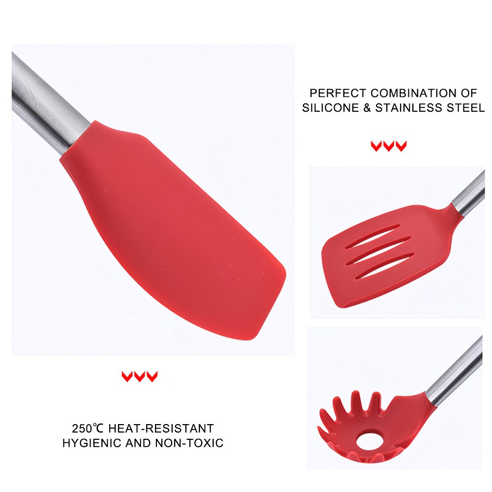 8 Uds juego de utensilios de cocina rojos aparatos cocina silicona espátula de madera con caja de soporte conjunto de herramientas de cocina