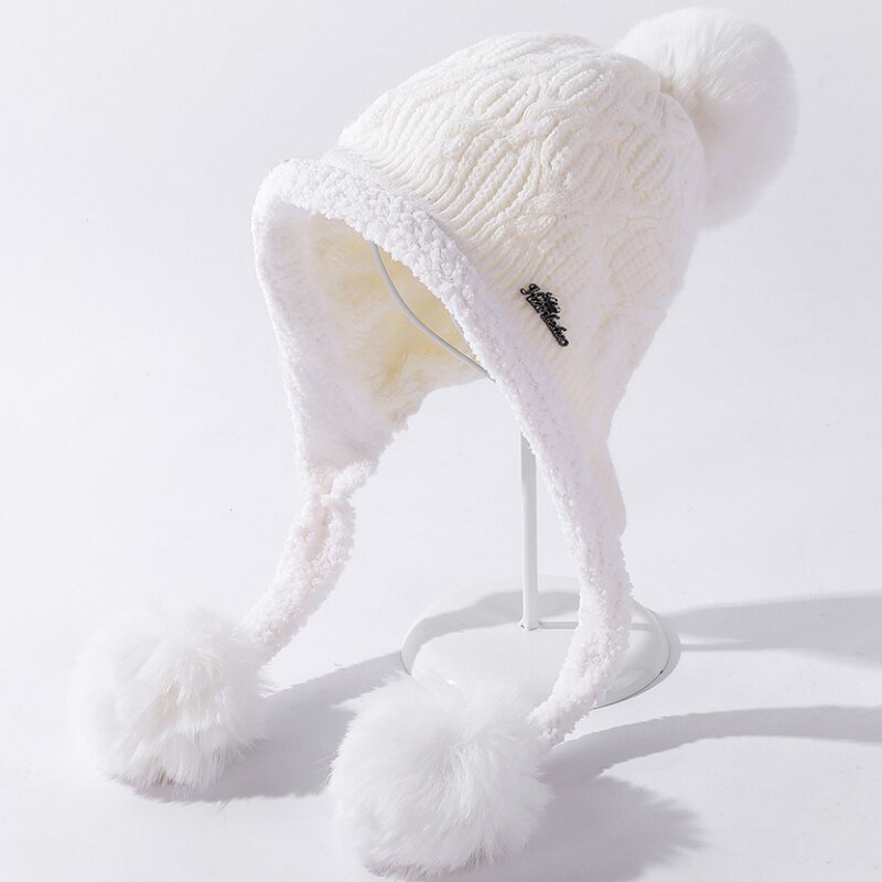 Bonnet épais et en polaire pour femme, bonnet tricoté, avec trois pompons, pour le Ski, idéal pour l'hiver, HT3797: Ivoire