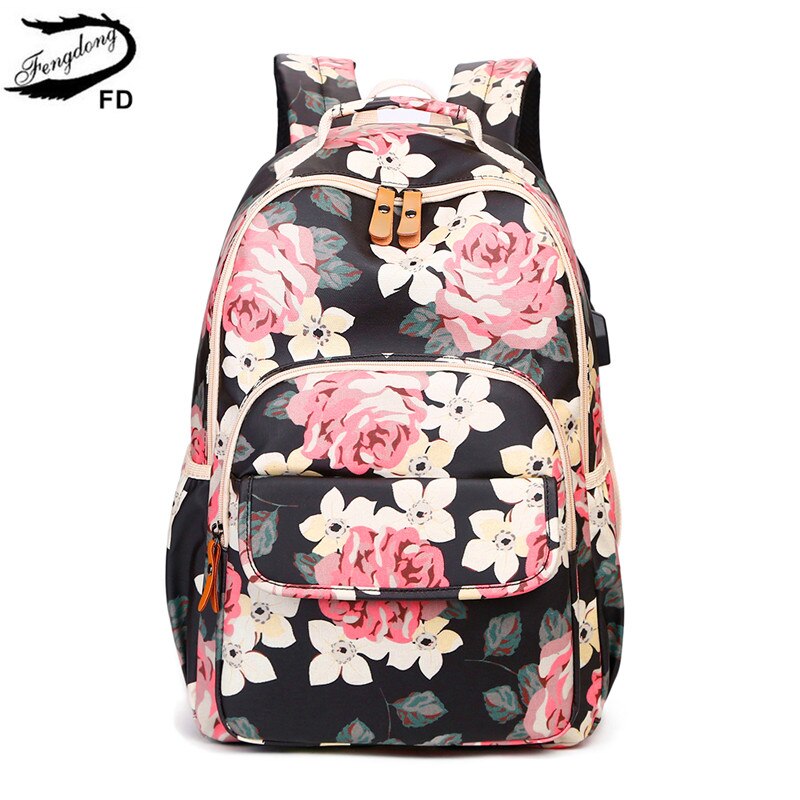 Fengdong Koreaanse Stijl Vrouwen Bloemen Rugzak Bloemen Schooltassen Voor Meisjes Kinderen Vintage Afdrukken School Rugzak Kinderen Boekentas: black