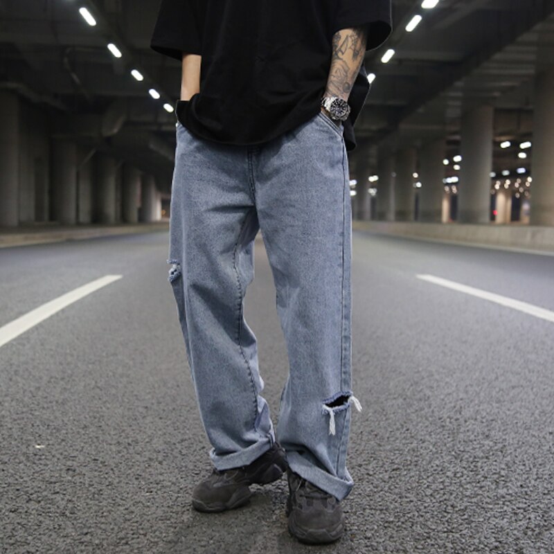 Sidehull retro denim bukser med brede ben herre rette bukser pluss størrelse rap hip hop streetwear uformell vår lang bukse