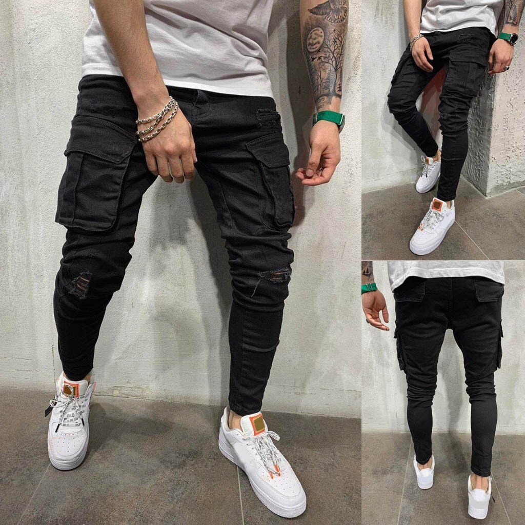 Men Jeans Black Cool Skinny Knee Hole Ripped Stretch Slim Elastic Denim Pants Casual Trousers Street Clothing#g36