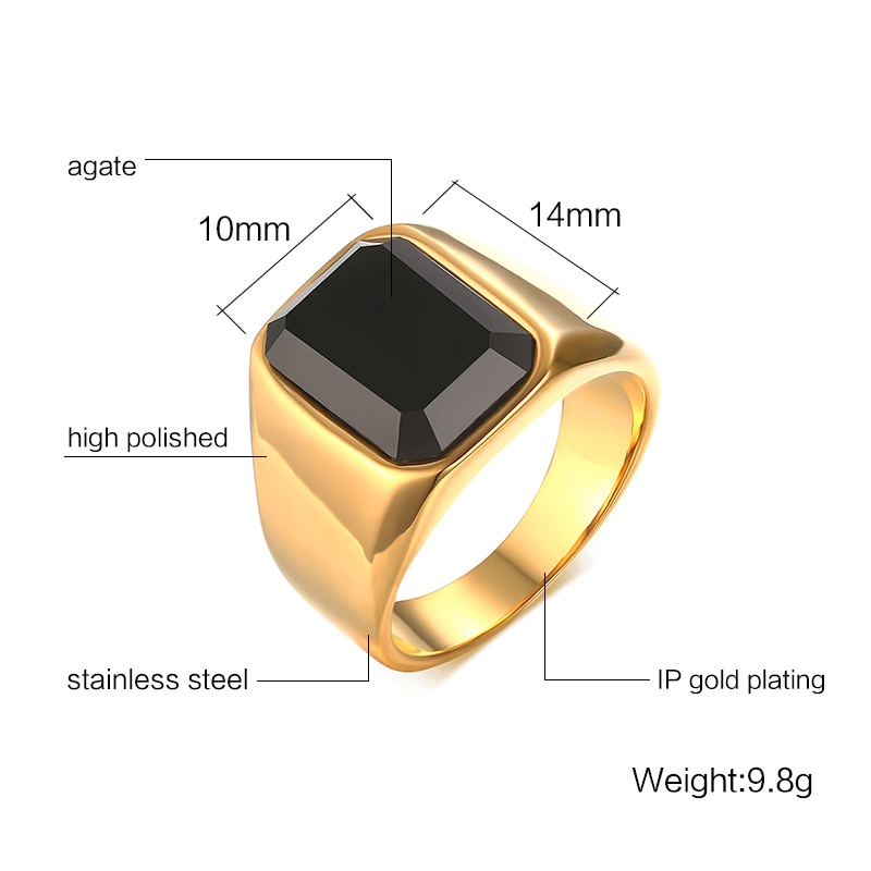 Anéis de aço inoxidável anel de sinal com pedra preta para homem banda de casamento ouro cor jóias anel masculino