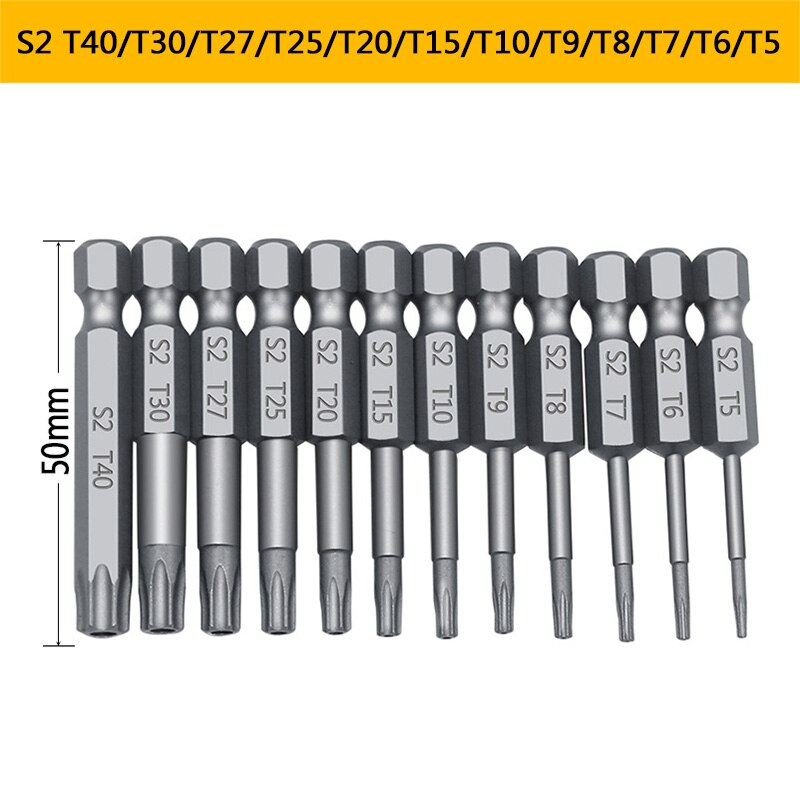 Oauee Security Bit Set Tamper Proof Screwdriver Drill Bit Screw Driver Bits Torx Flat Head 1/4" Hex Driver Bits 11pcs /12pcs: 12pcs 50mm