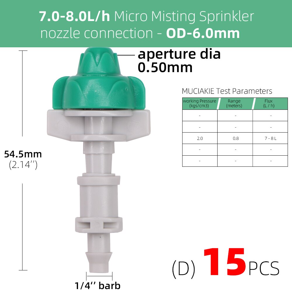 RBCFHI-boquillas rociadoras para jardín con cabezal de Aspersor de riego, rociador fino de chorro para paisajismo, 15 uds, 7-8L /h: Dx15pcs