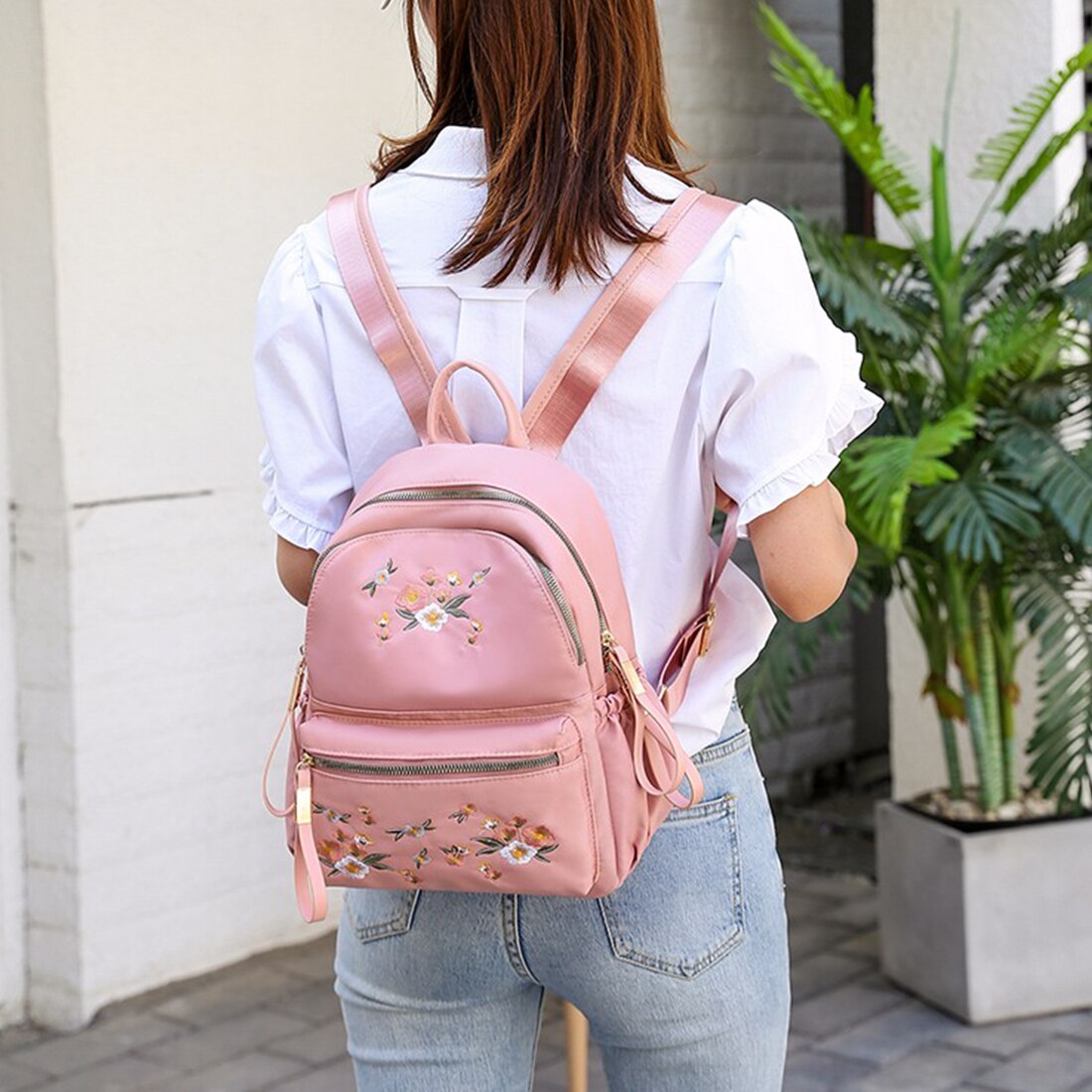 Litthing Waterproof Nylon Women Backpack Zipper Oxford School Bags For Girls Flower Embroidered Backpack Female Rucksack: pink