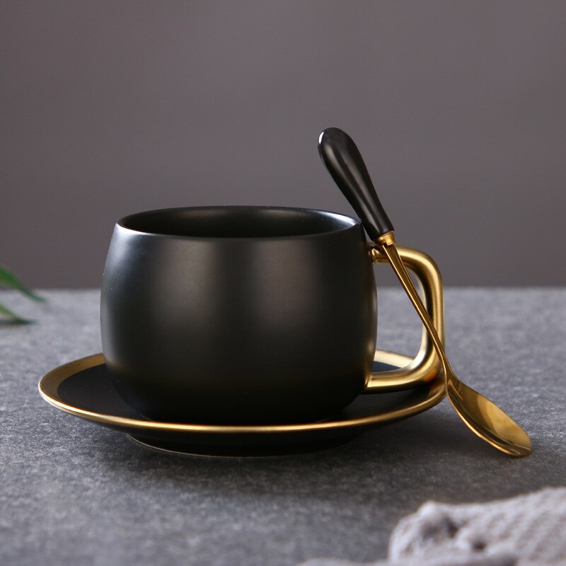 Klassieke Luxe Zwarte Goud Gemarmerd Ontbijt Melk Havermout Koffiekopje Melk Cup Vlinder Cover Met Lepel Keuken Thuiskantoor Cup: Black