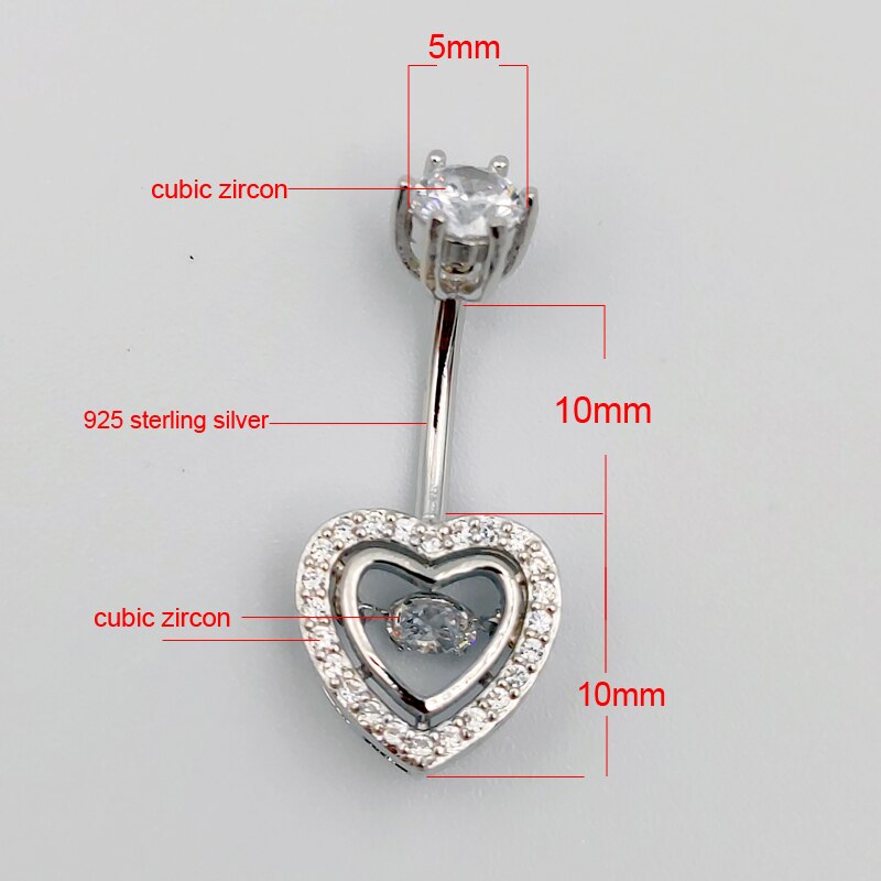 925 Sterling Zilveren Hart Cubic Zirkoon Navel Ring Mode Zomer Lichaam Sieraden Voor Vrouwen