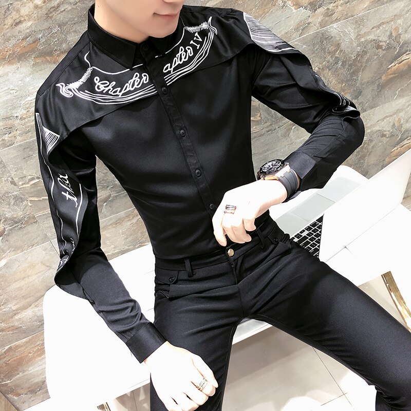 Skjorte koreansk langærmet slim fit gotisk skjorte camisa mænd bryllupsskjorte patchwork skjorte sort hvid