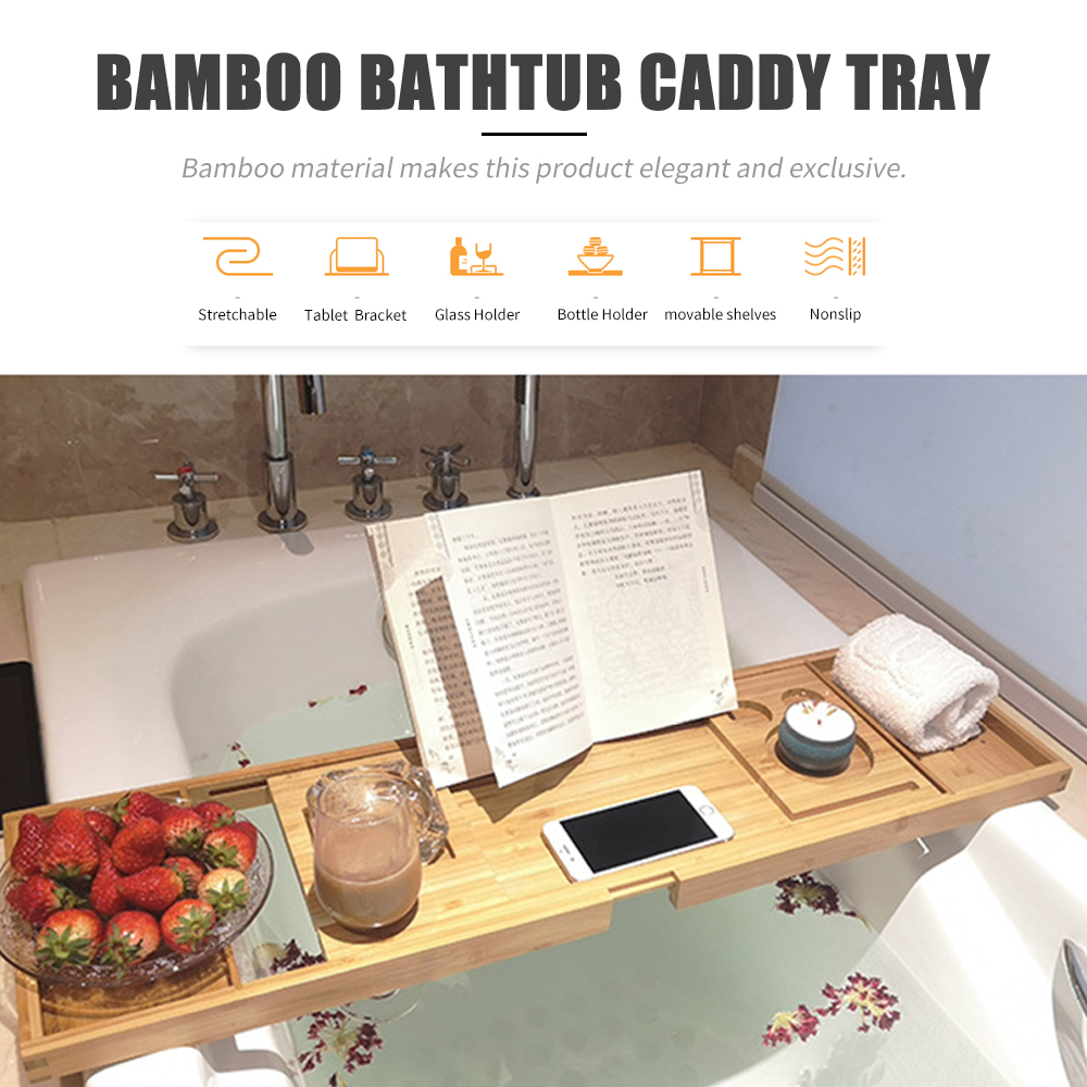 Bambus badekar bakke badekar bakke spa badekar caddie arrangør bog vinholder læserestativ skridsikker bund udtrækkelig