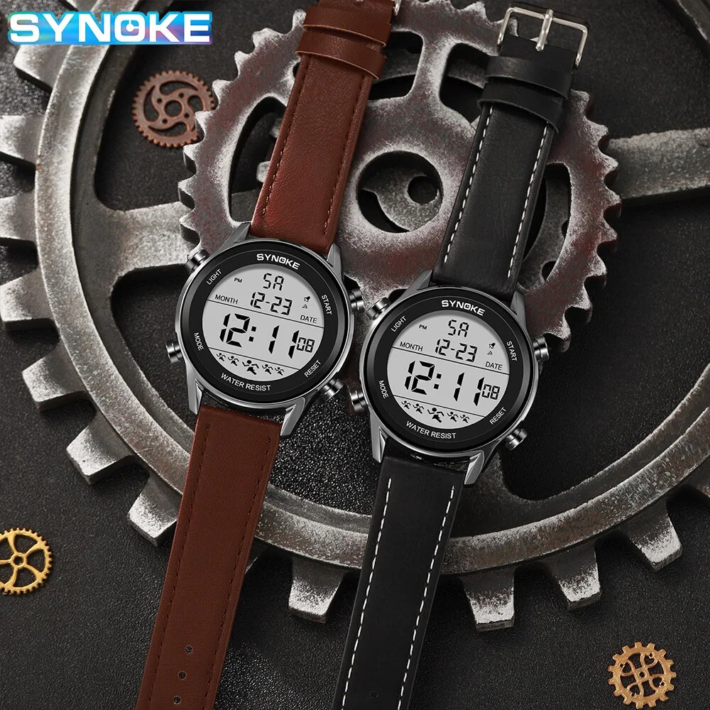 Synoke Mannen Buitensporten Multifunctionele Waterdichte Groot Scherm Display Lichtgevende Digitale Led Voor Mannen Mode Riem Horloge