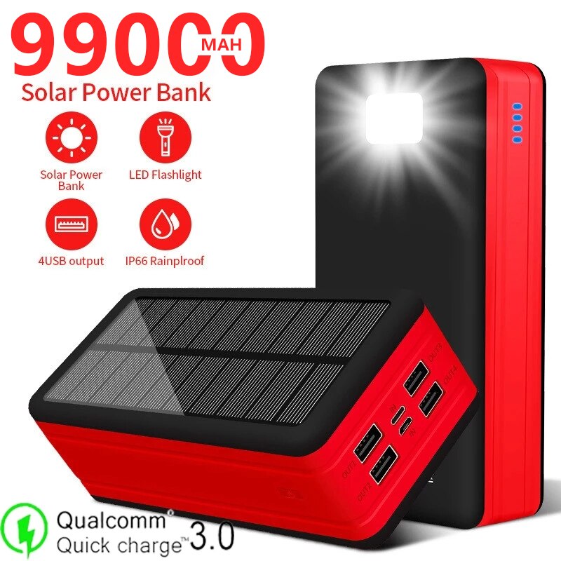 99000mAh Solar Power Bank with Large Capacity LED Light Outdoor Travel Emergency Portable Poverbank for Iphone Xiaomi Samsung