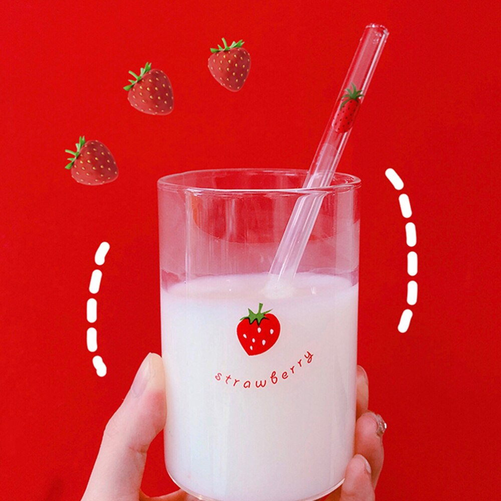 Vaso de vidrio borosilicato resistente al calor para jugo de fruta y leche, taza de almacenamiento de agua con pajita para el hogar y la Oficina (estilo de estampado de fresa