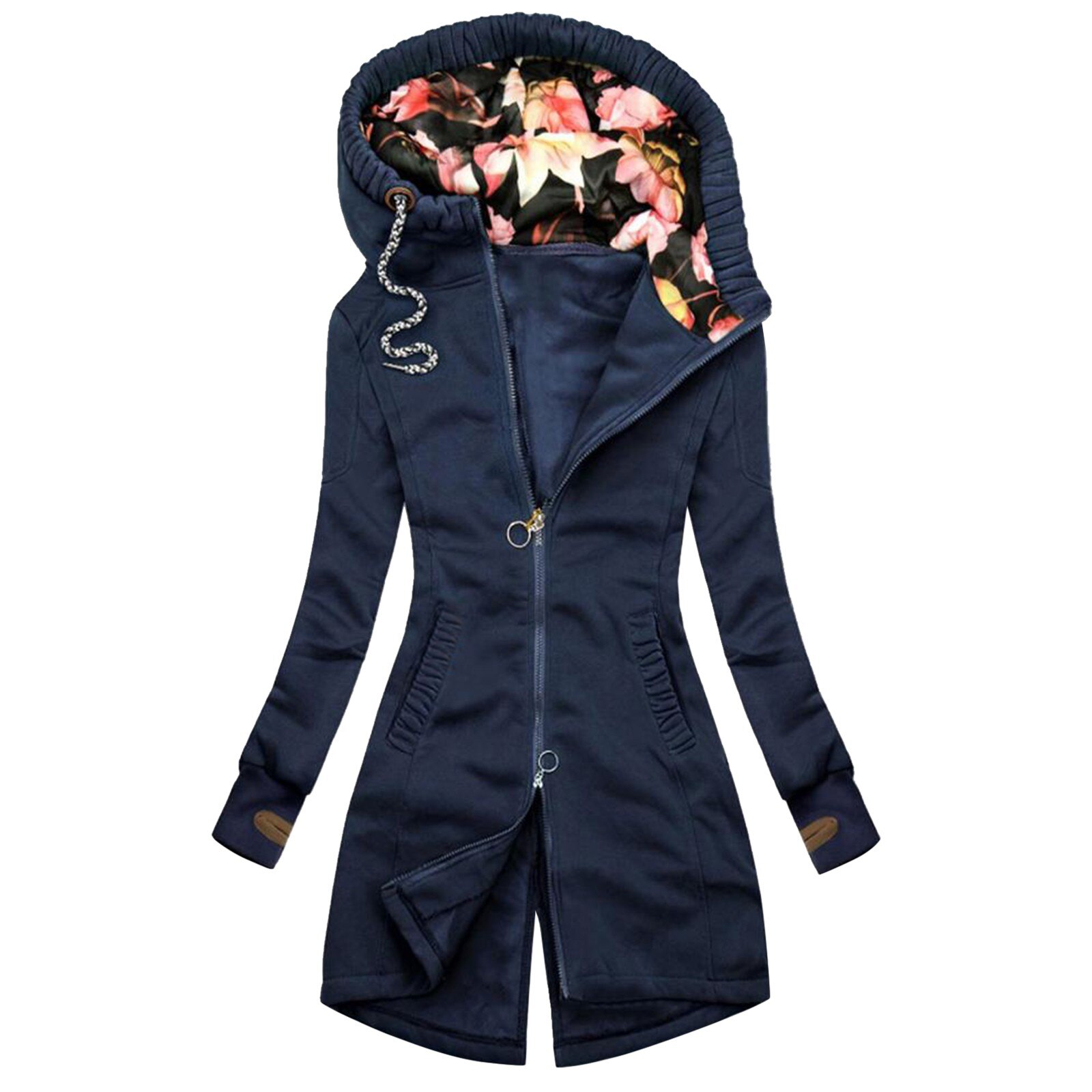 Winter Women Long Coat Floral Print Overcoat Long Sleeve Zipper Pocket Cardigan Hooded jacket Slim Trench Coat manteau femme: Navy Blue / M