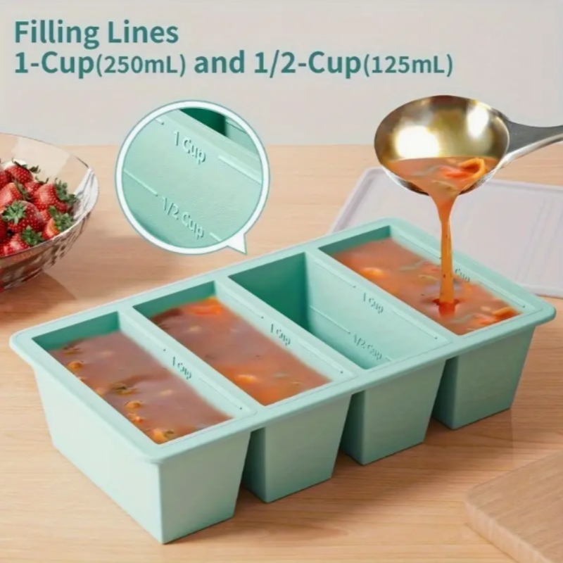 Silicone Freezer Tray With Lid – 1-Cup Portion Tray For Food Storage & Large Ice Cubes, Aqua Blue