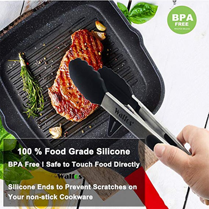 WALFOS-Pinzas de comida sin BPA con punta de silicona, soporte Premium resistente de 12 pulgadas y 9 pulgadas, pinzas de cocina de bloqueo de acero inoxidable