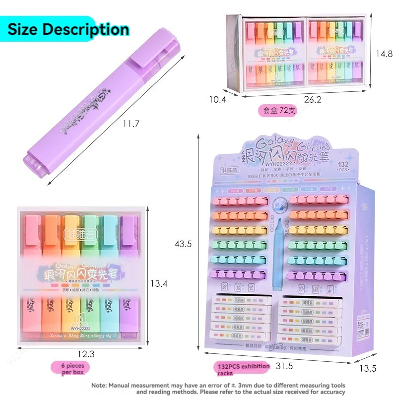 Ponta Pastel Glitter cinzel caneta marcador, base água, secagem rápida, papelaria Kawaii bonito, 6 cores, cores sortidas