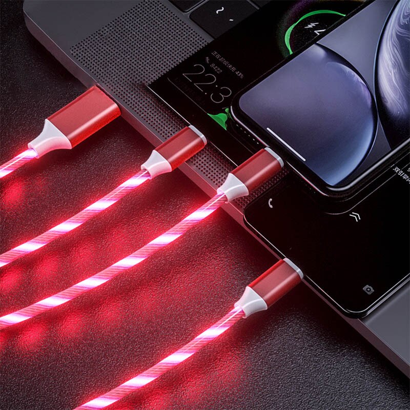 3in1 LED Flow Luminous Lighting Cable Micro USB Type C Charger Cable for iPhone Huawei Samsung Data Wire USB C Phone Micro Kable: Red