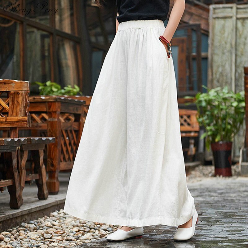 Pantalones de lino de pierna ancha para mujer, pantalón Vintage holgado, con cintura elástica, con bolsillos, de talla grande, para otoño e invierno, V1574,