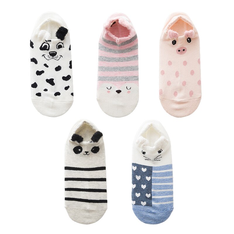 5 Pairs Lot Cotton Women Socks Female Casual Boat 3D Pack Cartoon Harajuku Cat Cute Heart Invisiable Funny Girl Ankle Sock Set: type 17