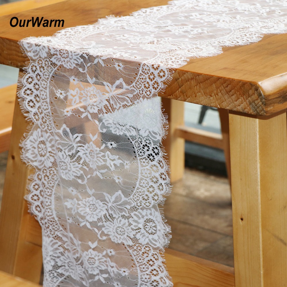 OurWarm Boho Wedding Table Decoration 35X300CM Floral Pattern White Lace Table Runner Rustic Chic Wedding Party Supplies