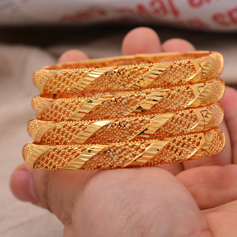 24K (4 Stks/partij) midden-oosten Arabische Dubai Armband Goud Kleur Armbanden Voor Vrouwen Bruid Meisje Afrikaanse Goud Kleur Sieraden Trendy