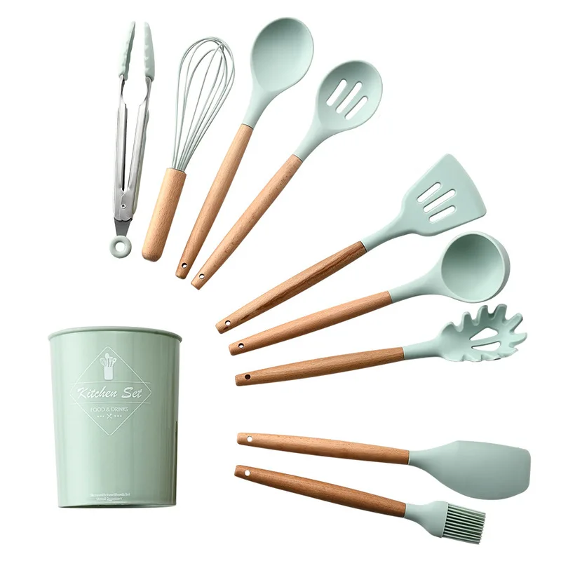 Silikon kjøkkenredskaper sett non-stick stekespade spade suppeskje håndtak kokeverktøy sett bpa-fritt kjøkkenverktøytilbehør