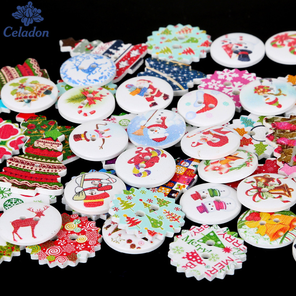 Botones decorativos de madera con patrón de árbol de Navidad, accesorio de , mezclado al azar, para álbum de recortes, costura, decoración, manualidades, 50 Uds.