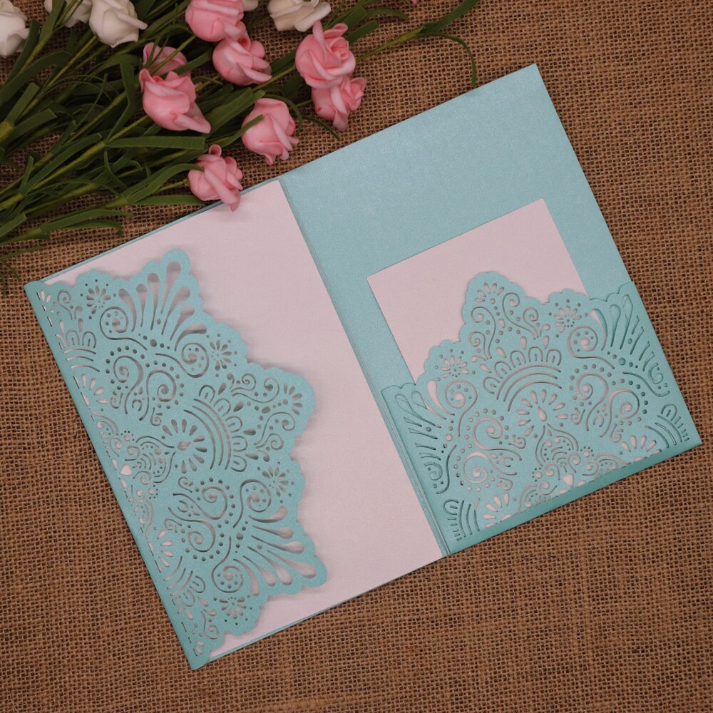Tarjetas de papel perlado para invitación de boda, papel brillante de 250gsm tallado para invitaciones de cumpleaños, bautismo, , recuerdo, 10 unids/paquete: Tiffany blue