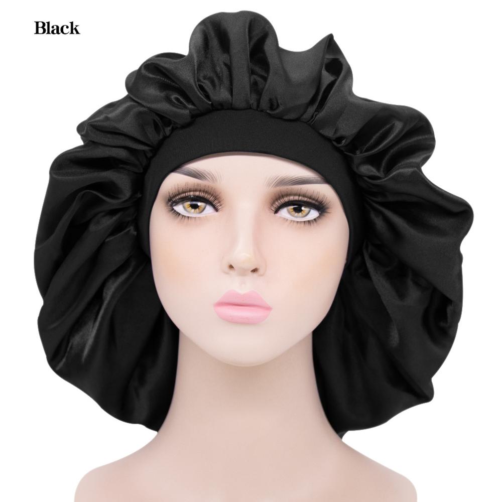 Doppel Schichten Frauen Satin Bonnet Stretch Breite-Krempe Seidige Schlummertrunk Größere Größe Dusche Kappe TB-189/190: Solid Black