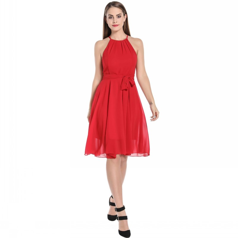 Red Spaghetti Strap Chiffon Summer Sleeveless Midi Dress Women Ruffle Backless Chiffon Casual Midi Dresses Female Vestidos