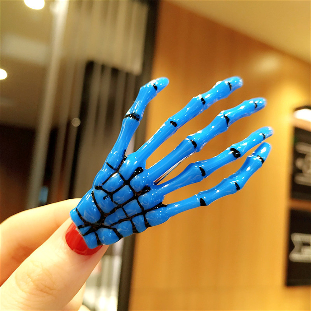 Fermaglio per capelli a mano con scheletro creativo per donna ragazza stile gotico forcina colorata trucco di Halloween copricapo per feste accessori per capelli: verde