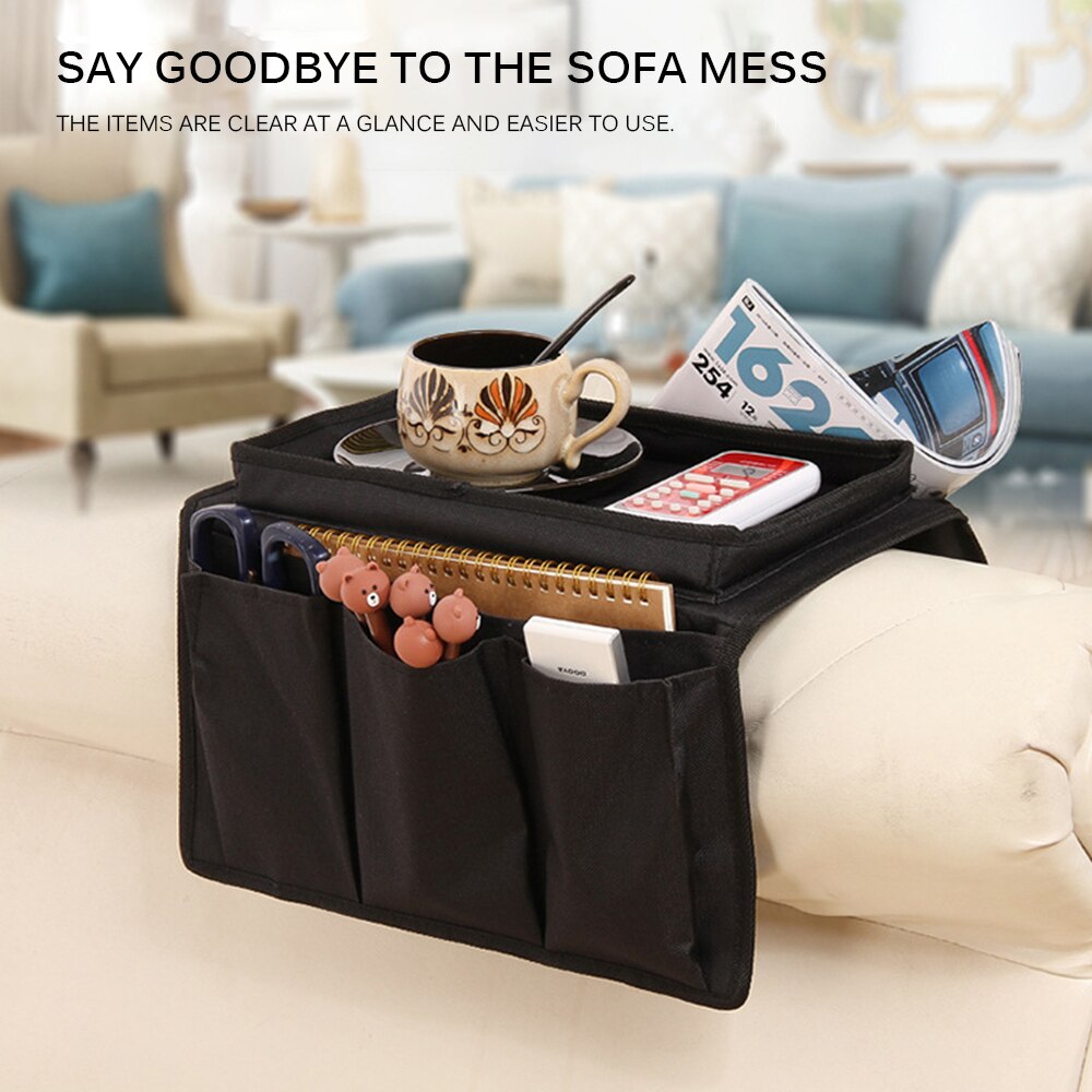 Sofa armlæn arrangør med 4 lommer og kopholder bakke sofa lænestol hængende opbevaringspose til tv fjernbetjening mobiltelefon