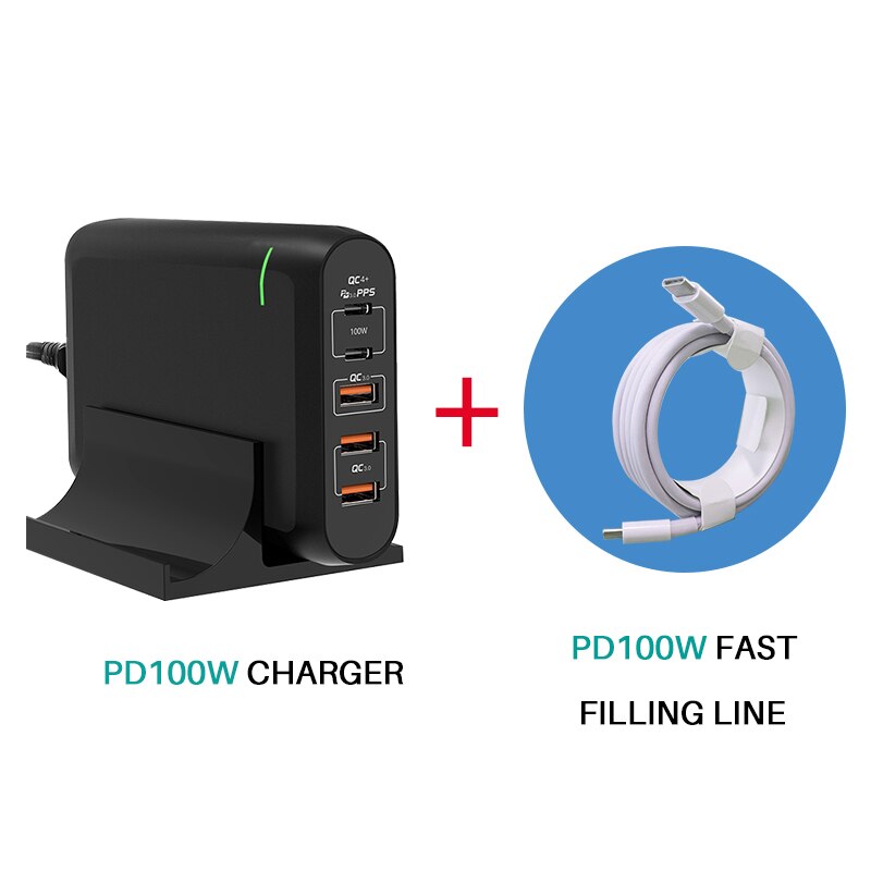Cargador de pared PD 100W GaN 5 USB tipo C pantalla led carga rápida 4,0 para MacBook Air iPad iPhone 11 Pro Samsung Huawei ASUS: EU Plug / 100W With cable