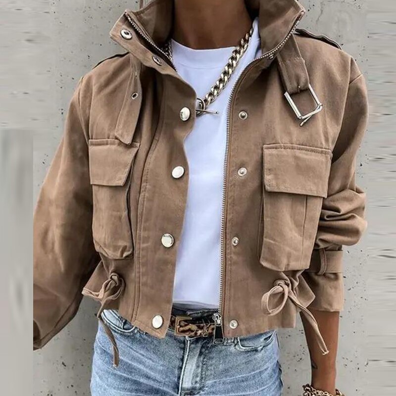 Chaqueta de otoño con cordón para mujer, chaqueta fina corta informal con hebilla y cremallera, abrigo de una botonadura,