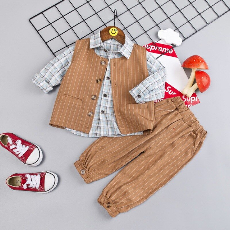 Kinderkleding Sets Herfst Winter Kinderen Jongens Kleding Lange Mouwen Plaid Shirt Vest Gestreepte Broek Gentleman Jongens Pakken
