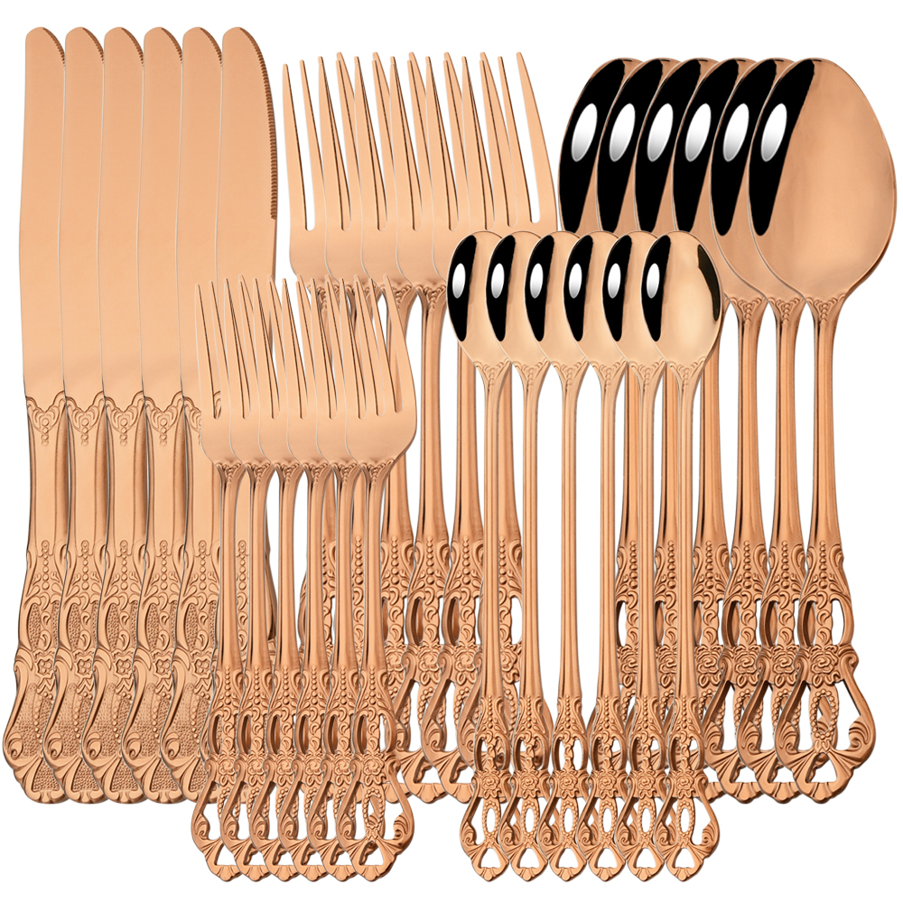 Drmfiy 6/30Pcs Silver Dinnerware Set Knife Dessert Fork Spoon Flatware Stainless Steel Cutlery Kitchen Silverware Tableware Set: 30Pcs Rose
