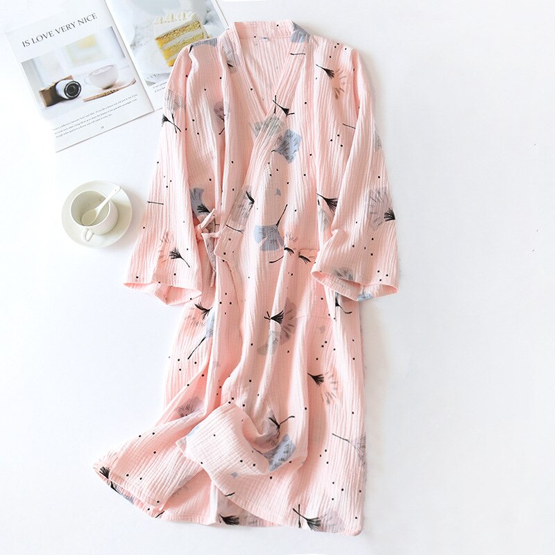 Bata de baño de gasa para mujer, estilo japonés, 100% algodón, bonita bata de baño para el hogar, Kimono largo estampado, ropa de noche para el hogar