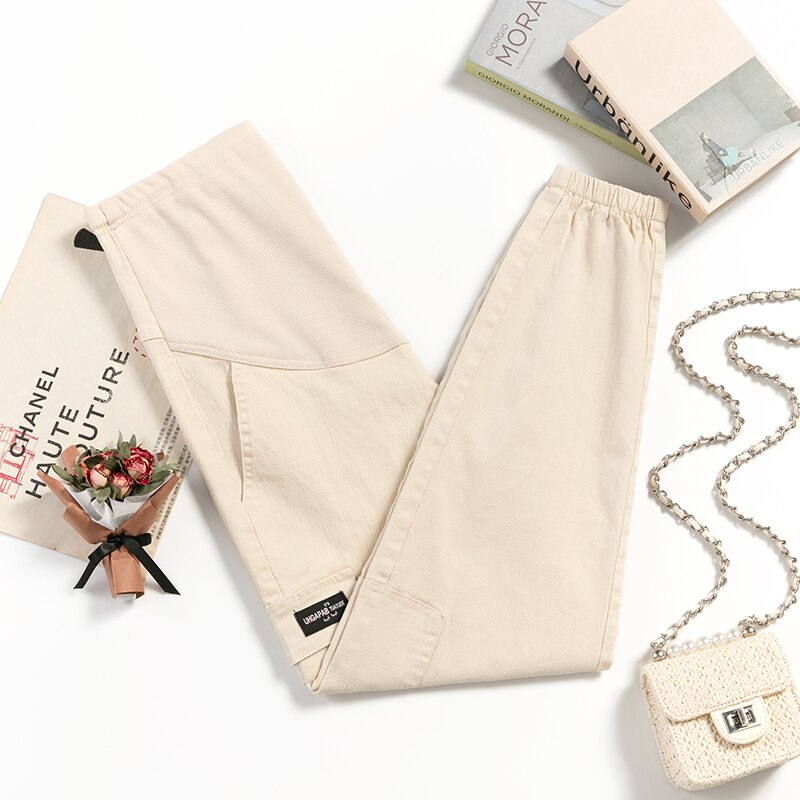 Maternity Overalls Pregnancy Stretch Trousers Pregnant Womens Long Casual Pants Maternity Clothings Elastic Waist Belly Clothes: Beige / L