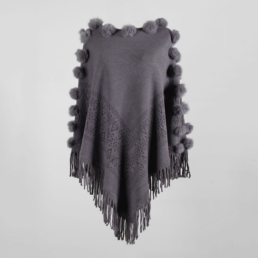 Rund hals cape poncho tröjor dam vinter stickad tofs solid hårboll capes sjal kappa ponchos elegantes höstkappa sjal: Grå