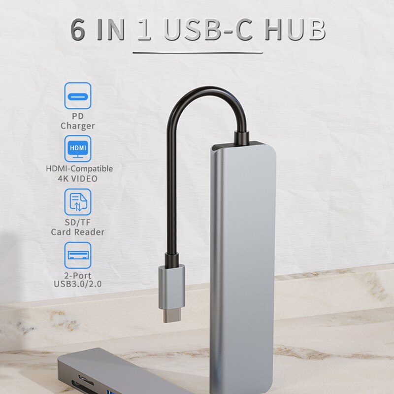 Concentrador de red USB tipo C 6 en 1 A Multi USB 3,0/2,0, lector de tarjetas Compatible con HDMI, para Huawei Mate 30, Samsung S10, USB-C