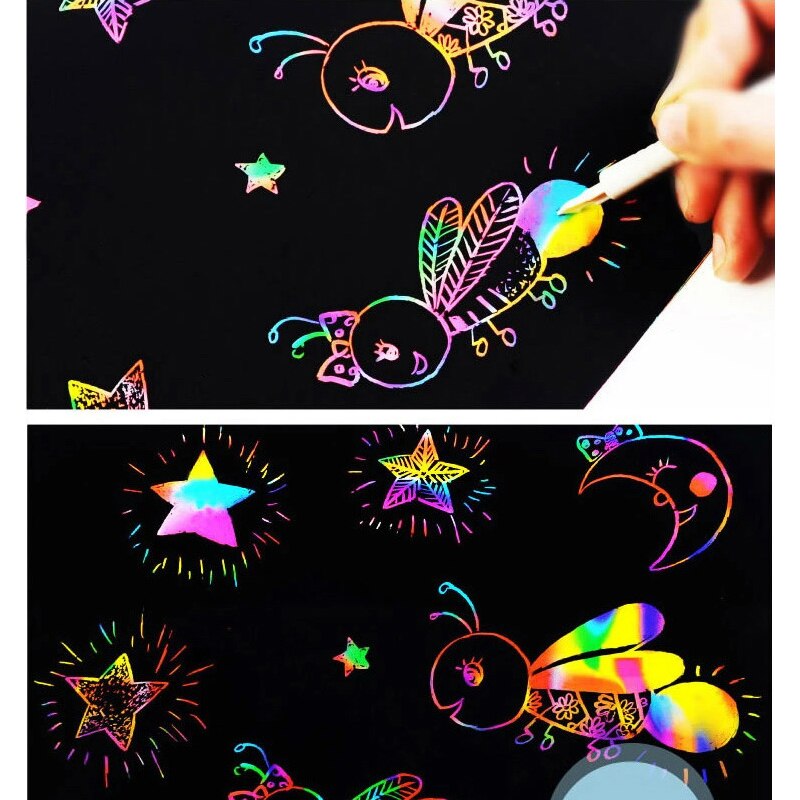 Educational Magic Color Scratch Paper 4K/8K/16K/A4 Black Coated Painting Paper With Drawing Stick Kids Scraping Painting Doodle