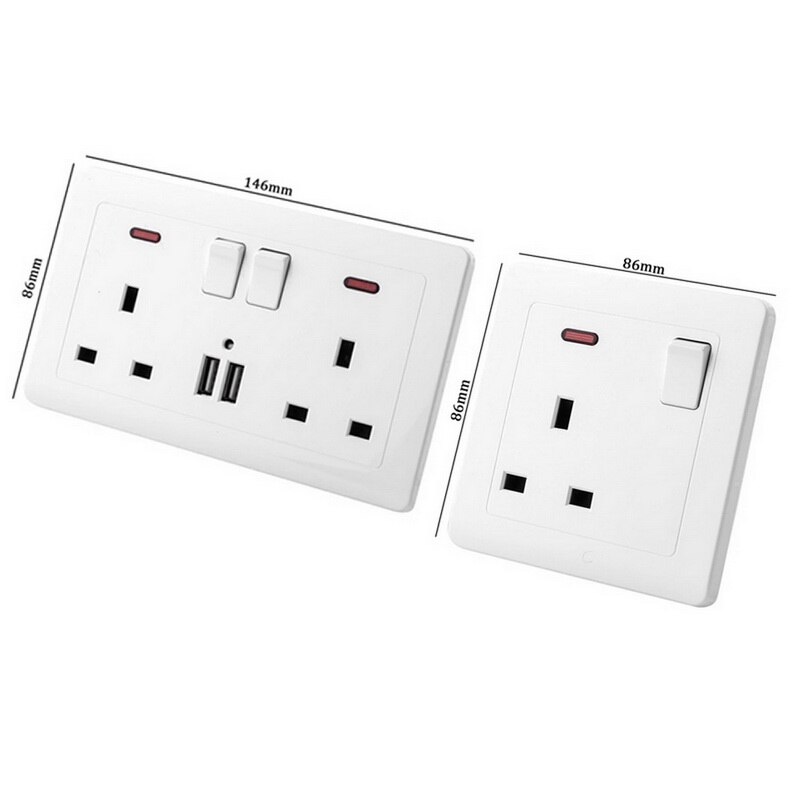 Double Wall UK Plug Socket 2 Gang 13A With 2 USB Charger Port Outlet Plate For Home Office