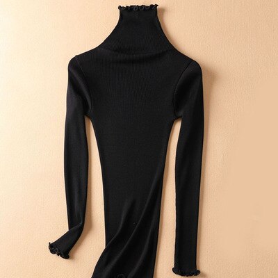 SuyaDream Women Solid Turtleneck Pullovers 80%Silk 20%Cotton Slim Fit Rib Sweaters Autumn Winter Bottoming Knit wear: Black